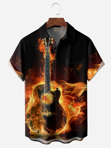 

Flame Guitar Chest Pocket Short Sleeve Casual Shirt, Black, Men Shirts
