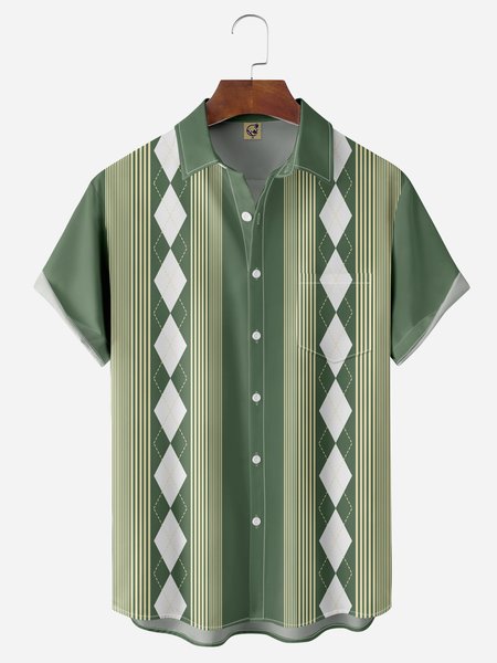 

Diamond Check Chest Pocket Short Sleeve Bowling Shirt, Green, Men Shirts