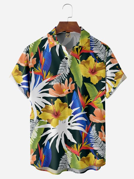 

Tropical Floral Chest Pocket Short Sleeve Hawaiian Shirt, Green, Men Shirts