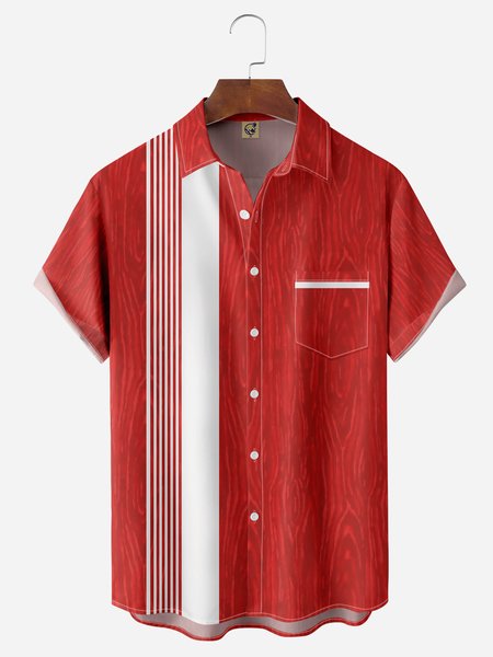 

Wooden Shading Chest Pocket Short Sleeve Bowling Shirt, Red, Men Shirts