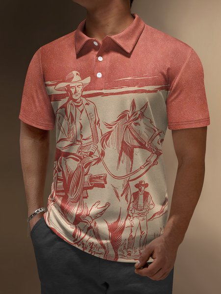 

Western Horse Button Short Sleeve Polo Shirt, Red, Polo Shirts