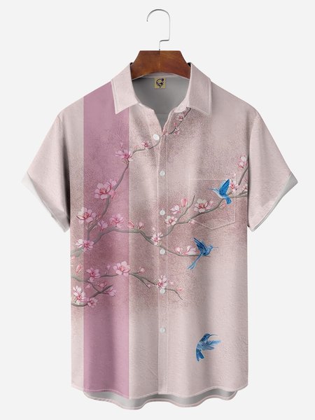 

Japanese Plum Chest Pocket Short Sleeve Bowling Shirt, Pink, Men Shirts