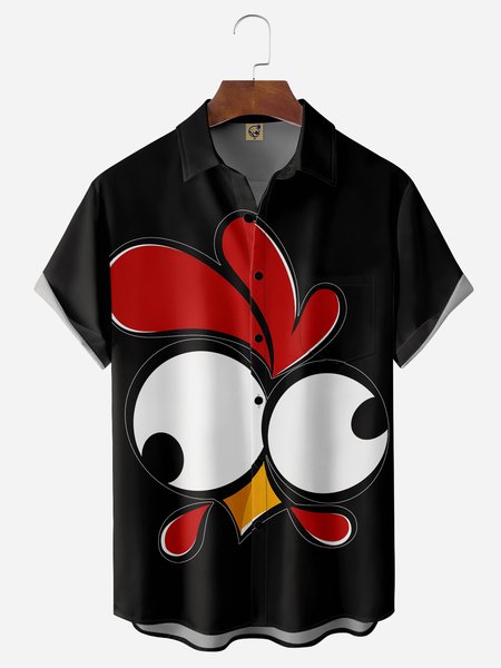 

Cartoon Chicken Chest Pocket Short Sleeve Casual Shirt, Black, Men Shirts