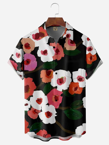 

Floral Chest Pocket Short Sleeve Hawaiian Shirt, Black, Men Shirts