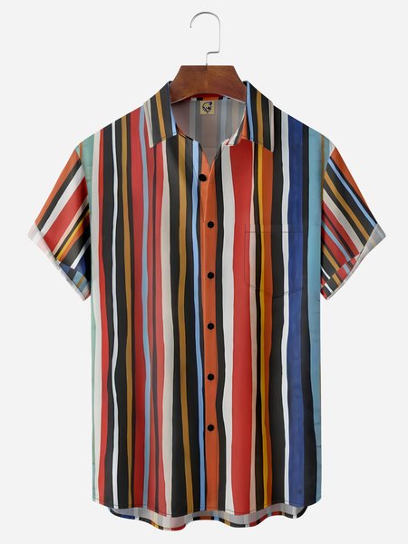 

Striped Chest Pocket Short Sleeve Casual Shirt, Red, Men Shirts