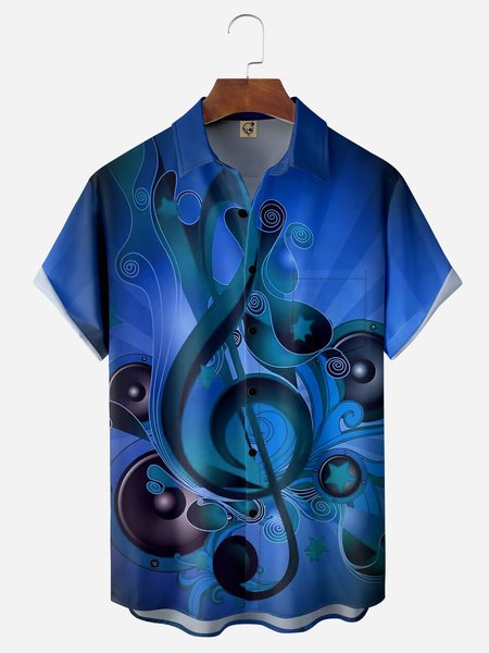 

Music Note Chest Pocket Short Sleeve Casual Shirt, Blue, Men Shirts