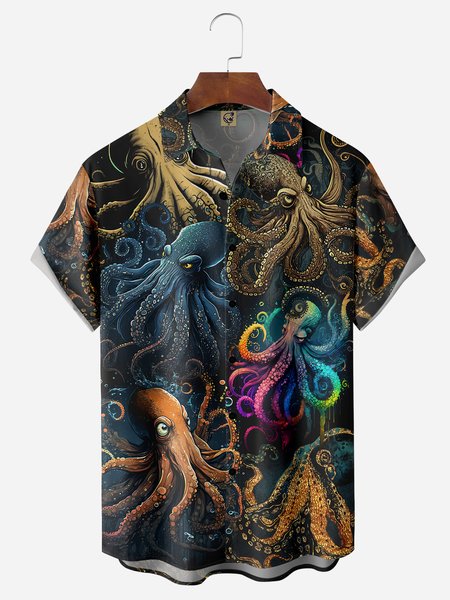 

Octopus States Chest Pocket Short Sleeve Hawaiian Shirt, Black, Men Shirts