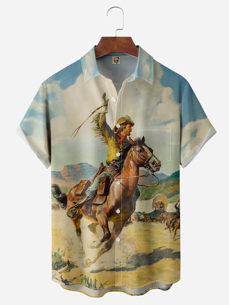 

Western Cowboy Chest Pocket Short Sleeve Shirt, Yellow, Men Shirts