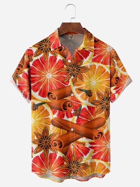 Cinnamon Oranges Chest Pocket Short Sleeve Hawaiian Shirt, Orange, Men Shirts
