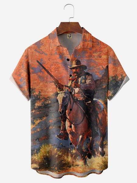 

Western Cowboy Chest Pocket Short Sleeve Casual Shirt, Orange, Men Shirts