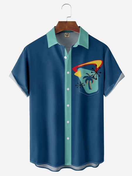 

Mid Century Pattern Chest Pocket Short Sleeve Casual Shirt, Blue, Men Shirts