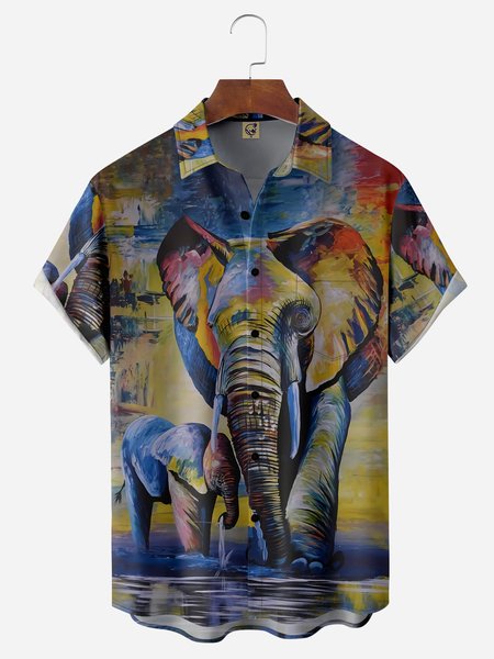 

Elephant Chest Pocket Short Sleeves Casual Shirts, Blue, Men Shirts