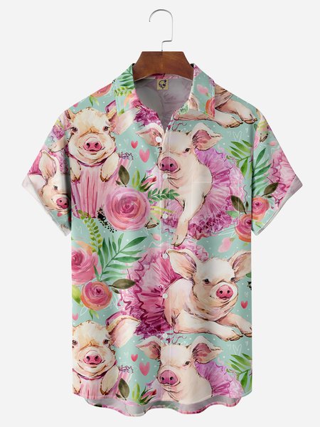 

Pig Chest Pocket Short Sleeve Casual Shirt, Green, Men Shirts