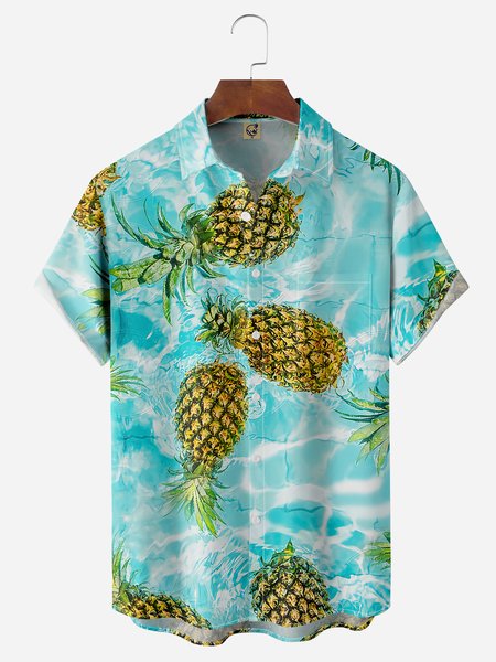 

Pineapple Chest Pocket Short Sleeve Hawaiian Shirt, Blue, Men Shirts