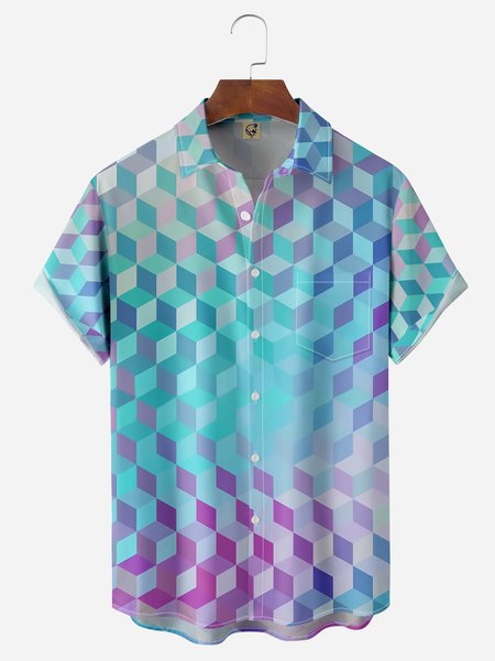 

Geometric Gradient Chest Pocket Short Sleeve Casual Shirt, Blue, Men Shirts