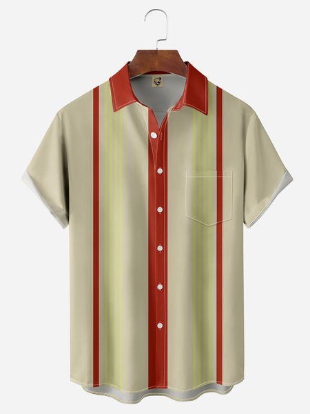

Geometric Stripe Chest Pocket Short Sleeve Bowling Shirt, Light khaki, Men Shirts