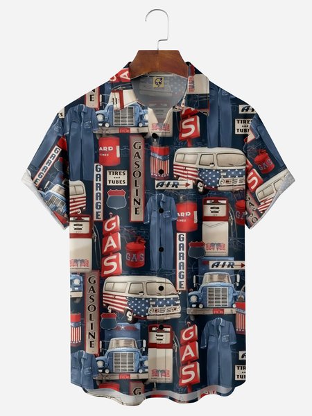 

Vintage Garage Chest Pockets Short Sleeves Casual Shirts, Deep blue, Men Shirts