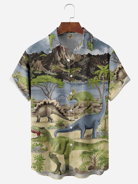 

Dinosaurs Chest Pocket Short Sleeve Casual Shirt, Green, Men Shirts
