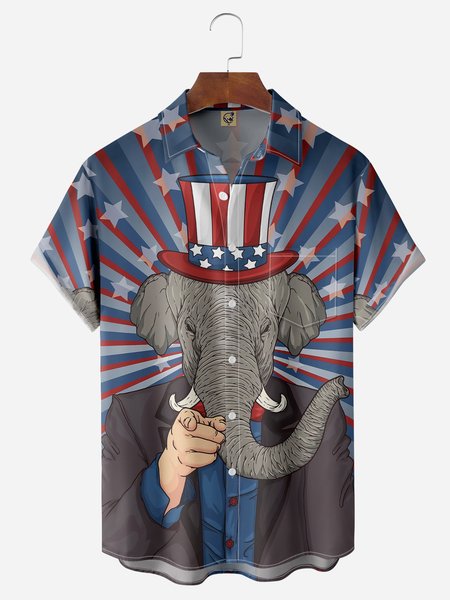 

Flag Elephant Chest Pocket Short Sleeves Casual Shirt, Blue, Men Shirts