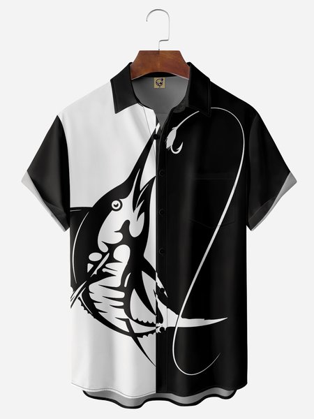 

Beauty Fishing Chest Pocket Short Sleeve Shirt, Black, Men Shirts