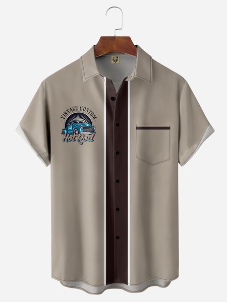 

VintageCar Chest Pocket Short Sleeve Bowling Shirt, Khaki, Men Shirts