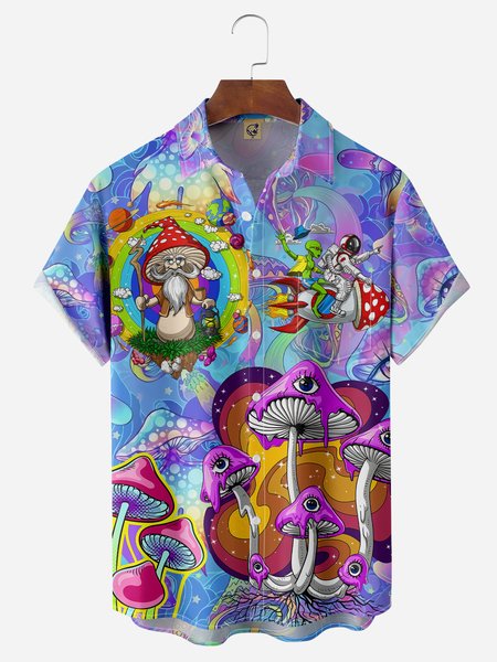 

Hippie Mushrooms Music Chest Pocket Short Sleeve Shirt, Blue purple, Men Shirts