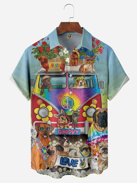 

Hippies Dogs Chest Pocket Short Sleeve Casual Shirt, Blue, Men Shirts
