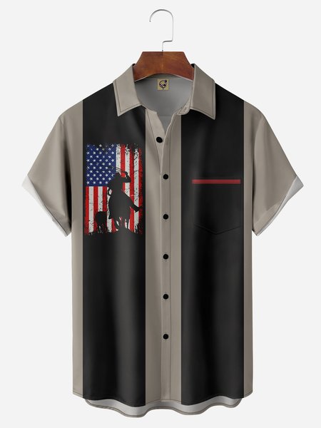 

Cowboy Chest Pocket Short Sleeve Bowling Shirt, Khaki, Men Shirts