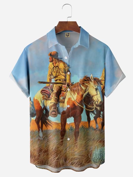 

Cowboy Chest Pocket Short Sleeve Casual Shirt, Blue, Men Shirts