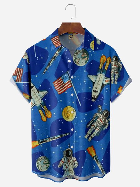 

Astronaut Chest Pocket Short Sleeves Casual Shirts, Blue, Men Shirts