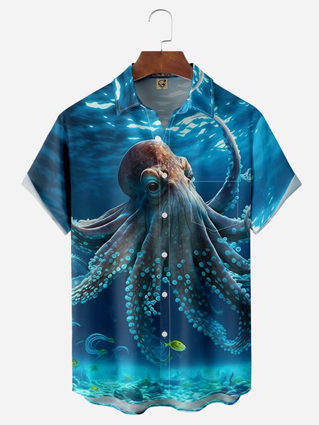 

Octopus Chest Pocket Short Sleeve Hawaiian Shirt, Blue, Men Shirts