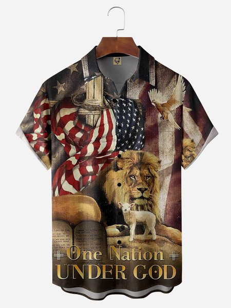 

One Nation Under God Chest Pocket Short Sleeve Casual Shirt, Red, Men Shirts