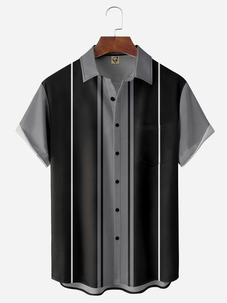 

Striped Chest Pocket Short Sleeve Bowling Shirt, Black, Men Shirts