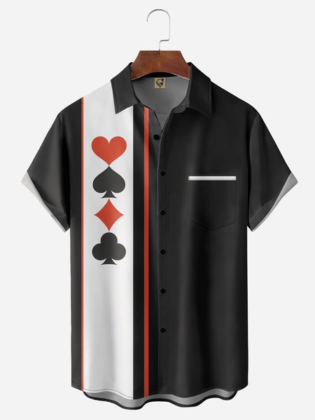 

Playing Cards Chest Pocket Short Sleeve Bowling Shirt, Black, Men Shirts
