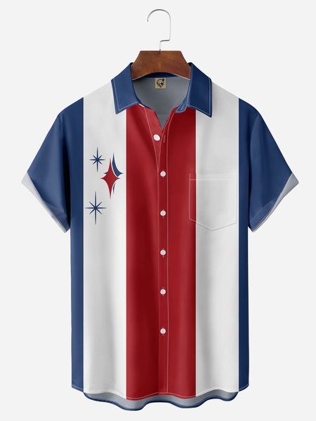 

Geometry Chest Pocket Short Sleeve Bowling Shirt, Blue, Men Shirts