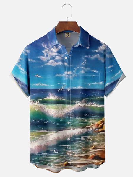 Ocean Scenery Chest Pocket Short Sleeve Hawaiian Shirt, Blue, Men Shirts