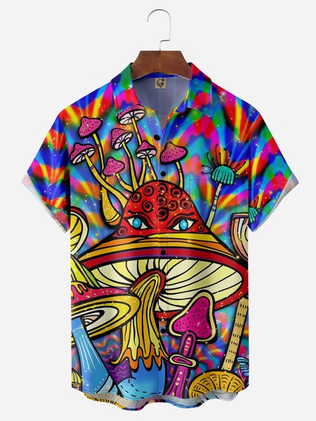 

Hippie Mushrooms Music Chest Pocket Short Sleeve Shirt, Blue, Men Shirts