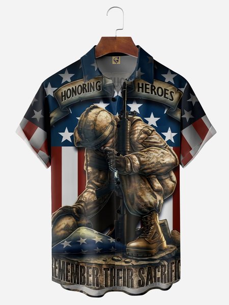 

Veterans Day Chest Pocket Short Sleeve Casual Shirt, Red, Men Shirts