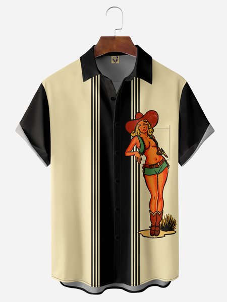 

Cowboy Beauty Chest Pocket Short Sleeve Bowling Shirt, Black, Men Shirts