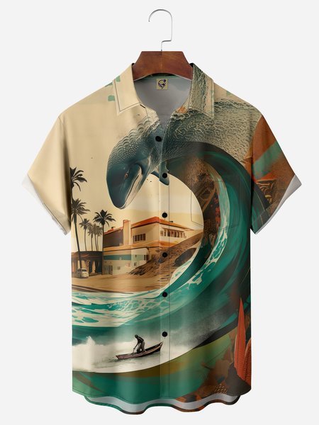 

Creative Wave Chest Pocket Short Sleeve Hawaiian Shirt, Green, Men Shirts