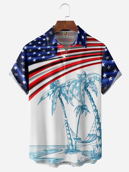 

Palm Tree American Flag Chest Pocket Short Sleeve Casual Shirt, Blue, Men Shirts