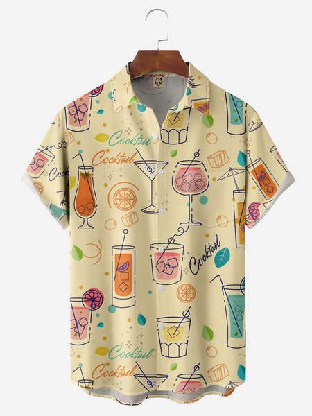 

Cocktail Chest Pocket Short Sleeves Hawaiian Shirts, Yellow, Men Shirts
