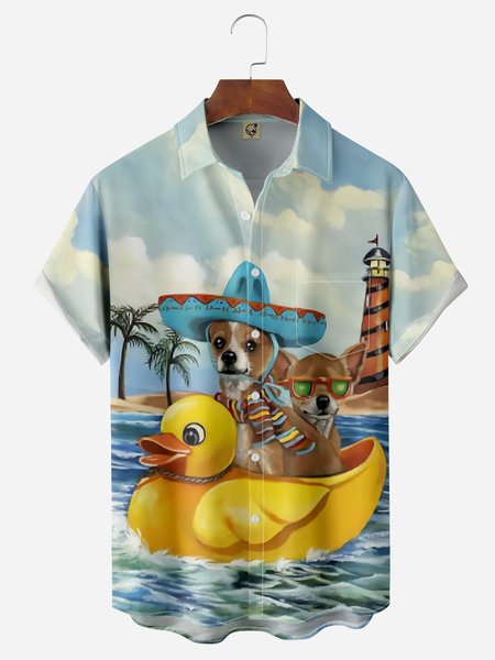 

Vacation Dog Chest Pocket Short Sleeves Hawaiian Shirts, Blue, Men Shirts