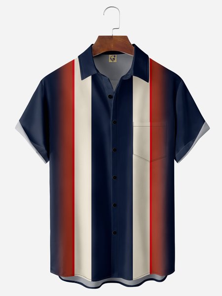 

Striped Gradient Chest Pocket Short Sleeve Bowling Shirt, Blue, Men Shirts
