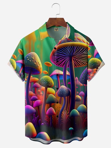 

Hippies Mushroom Chest Pocket Short Sleeve Hawaiian Shirt, Green, Men Shirts