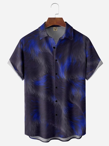 

3D Animal Fur Print Chest Pocket Short Sleeve Casual Shirts, Black, Men Shirts