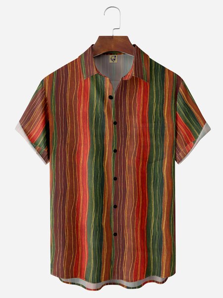 

Vintage Striped Chest Pocket Short Sleeve Casual Shirt, Red, Men Shirts