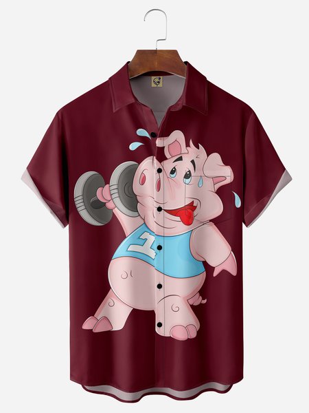 

Fun Pig Chest Pocket Short Sleeve Casual Shirt, Red, Men Shirts