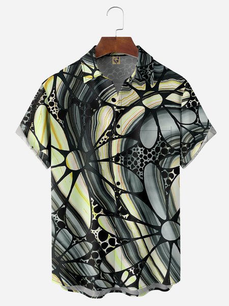 

Marble Floral Chest Pocket Short Sleeve Hawaiian Shirt, Black, Men Shirts