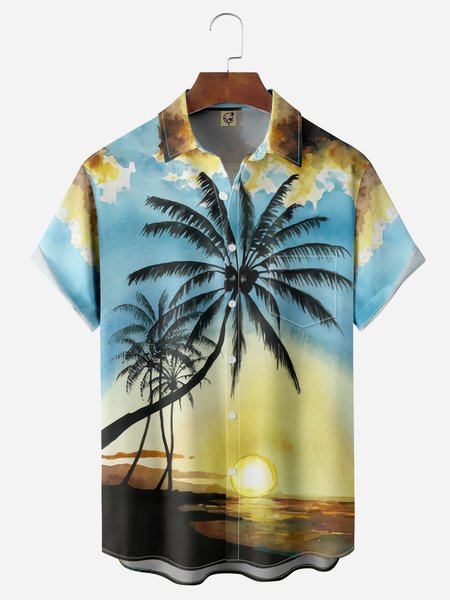 

Coconut Tree Chest Pocket Short Sleeve Hawaiian Shirt, Blue, Men Shirts